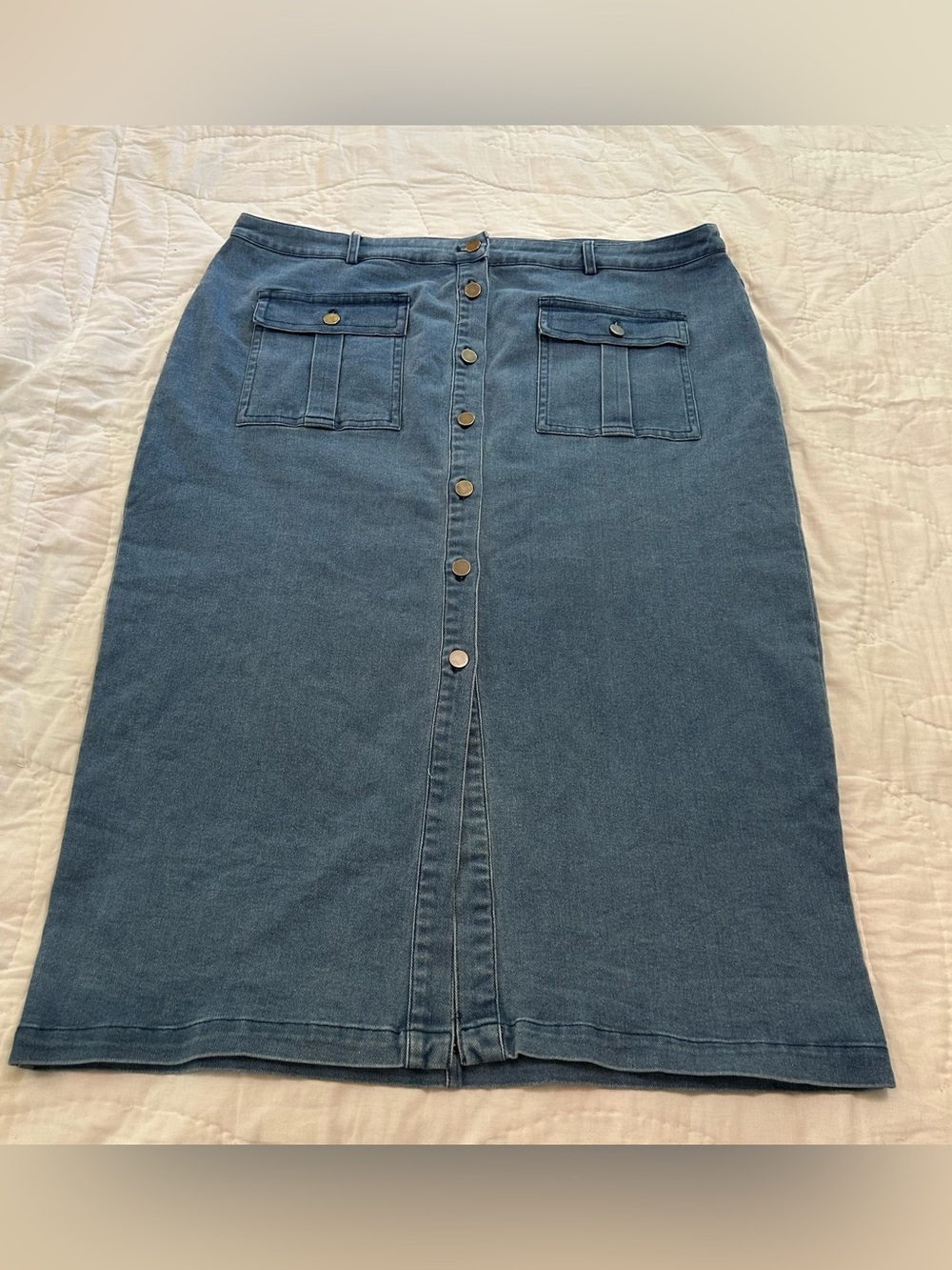Y2K denim midi skirt button front patch pockets women’s size 2X stretch